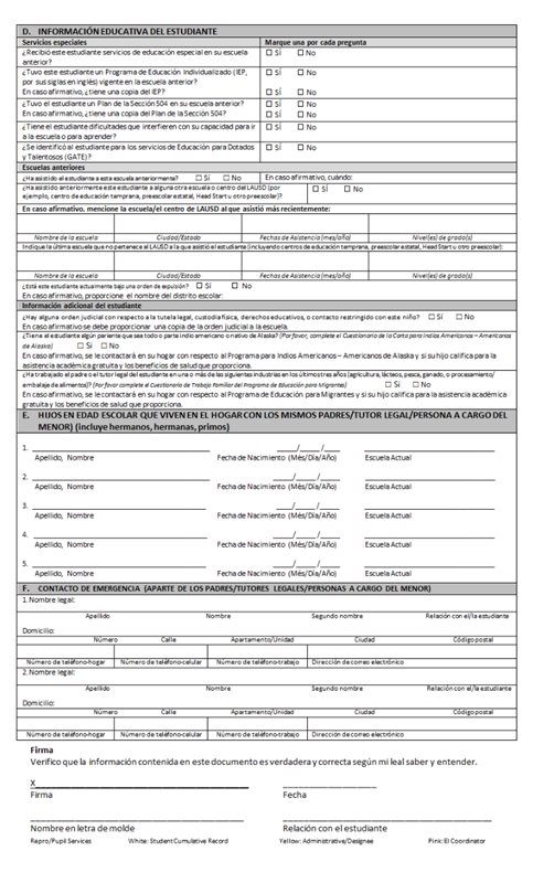 5313 LAUSD Enrollment Form Spanish 