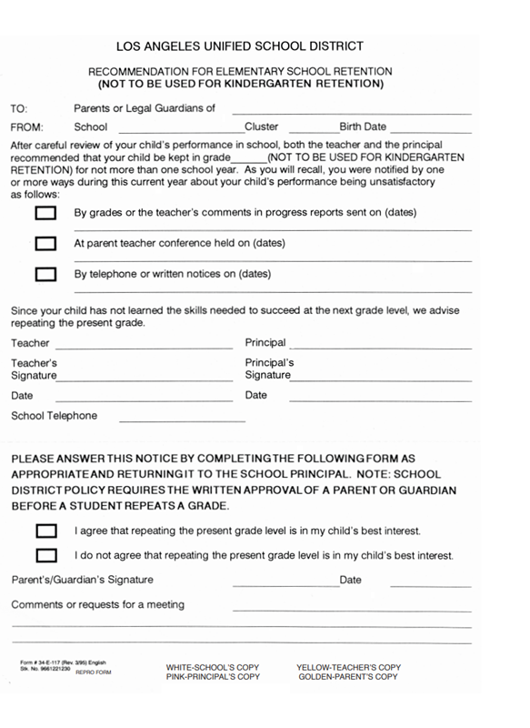 FORM 34-E-117A RECMND RETENTN ELEM ENG
